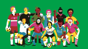 Imagem com fundo verde e ilustrada com uma equi+a de futebol